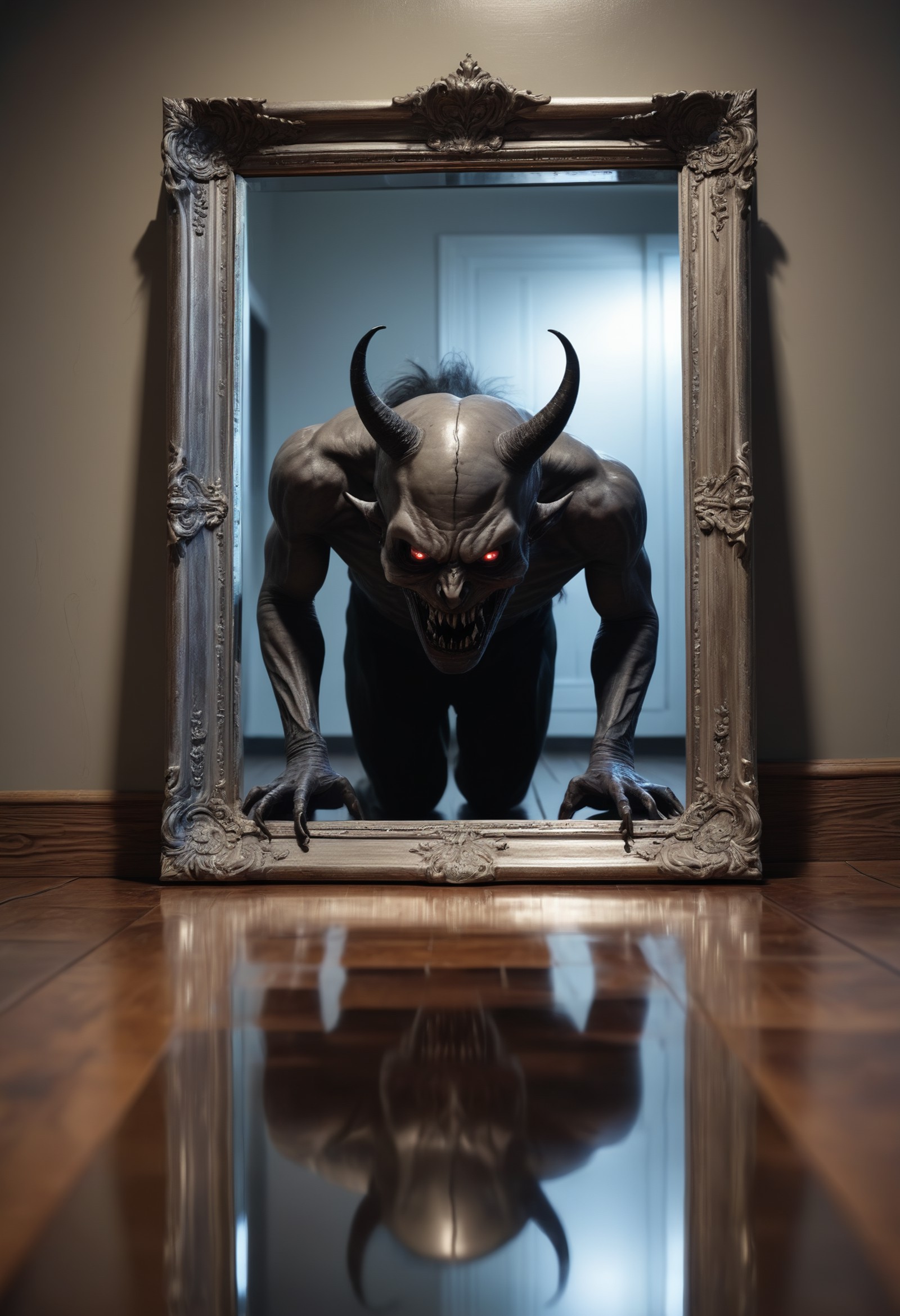 00065-An evil demon crawling out of a mirror with a horrifying reflection on a polished wood floor, mirror has a ((silver frame)), 8k.png